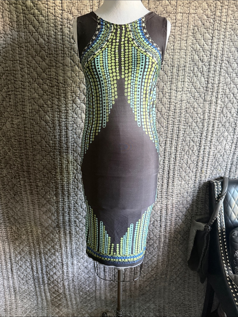Sleeveless Black Midi Dress with Lime Dot Accents 100% silk jersey
